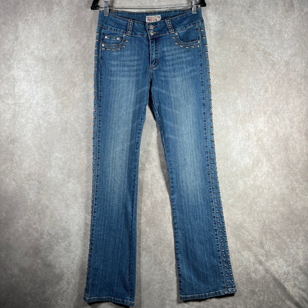 Platinum Plush Jeans Womens 11 Juniors‎ Blue Denim Studded Straight Mid Rise Y2K